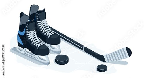 Hockey equipment on ice skates, stick, and pucks in isometric style