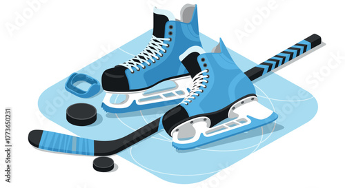 Isometric ice hockey gear set blue skates, sticks, and pucks on ice rink background