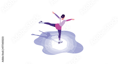 Graceful ice skating dance on frozen puddle in minimalist isometric art