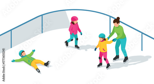 Family ice skating adventure with children on winter rink
