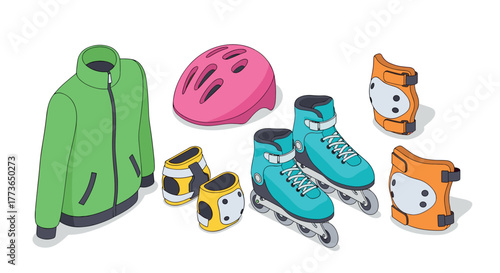 Modern isometric rollerblading gear collection helmet, jacket, skates, pads in vibrant colors