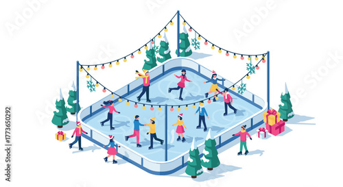 Festive ice skating rink fun with people in winter wonderland