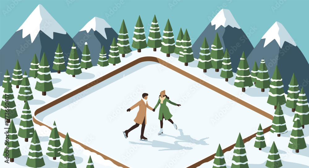 Naklejka premium Couple ice skating on snowy mountain rink in isometric winter wonderland
