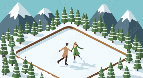 Couple ice skating on snowy mountain rink in isometric winter wonderland