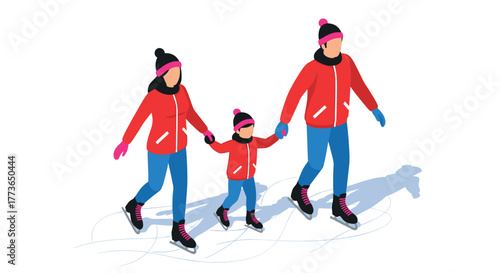 Family ice skating in winter clothing illustration