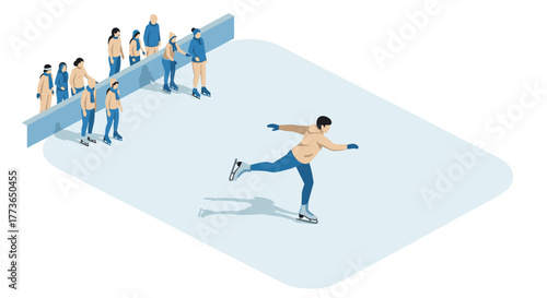 Isometric ice skating scene with diverse group of people enjoying winter activity
