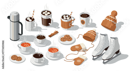 Cozy winter essentials hot drinks, mittens, and ice skates in isometric design