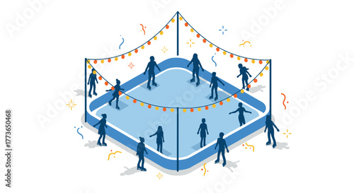 Ice skating rink scene with festive lights and people in isometric style
