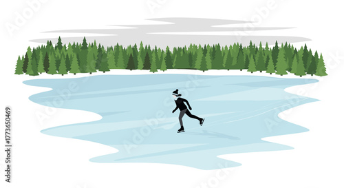 Winter skating scene with lone skater on frozen lake surrounded by forest