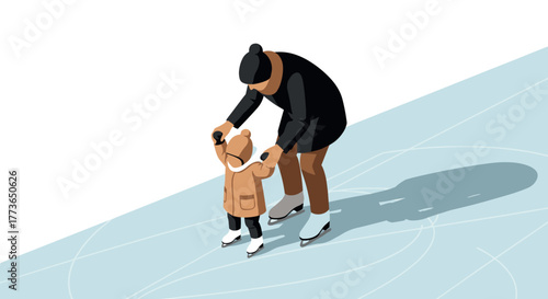 Parent teaching child ice skating in winter, isometric scene