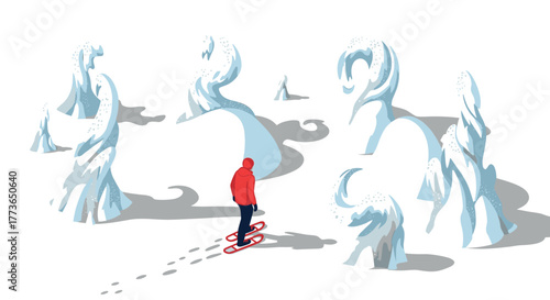 Snowy adventure person exploring surreal ice formations in a winter landscape