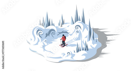 Isometric winter scene with snowboarder among snowy trees and drift patterns