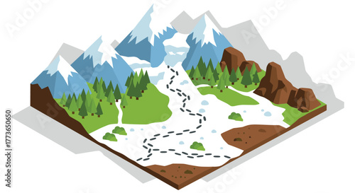 Isometric mountain landscape with snowy peaks and pine trees