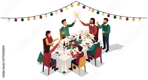 Festive holiday dinner celebration with friends christmas party at a decorated table