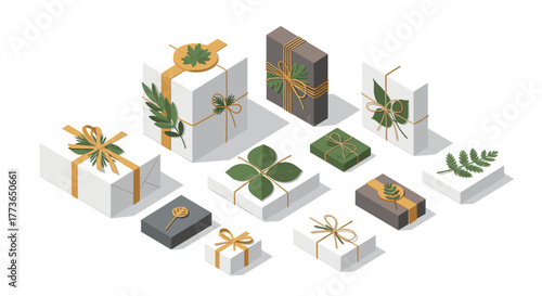 Isometric gift boxes with natural decor elements and ribbon ties