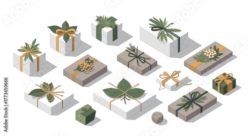 Elegant gift box collection with botanical decorations in isometric style