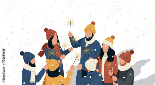 Festive winter celebration with friends holding sparklers in snowy setting