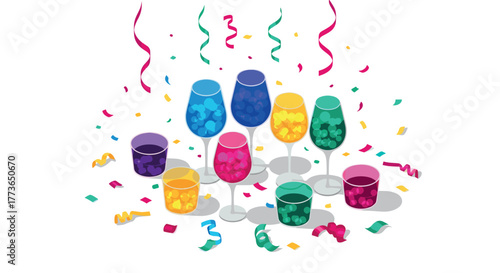 Colorful celebratory glasses and confetti with festive ribbons