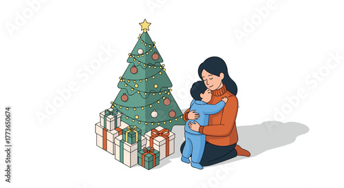 Heartwarming holiday moment mother and child embracing beside christmas tree with gifts