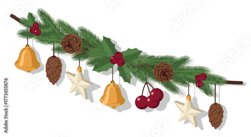 Festive christmas garland with bells and pine cones in flat design