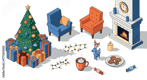 Cozy christmas living room with decorations and gifts in isometric style