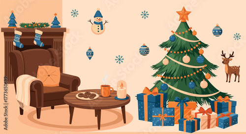 Cozy christmas living room scene with decorated tree, gifts, and fireplace