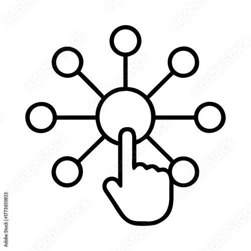 Hand touching central node network connection point silhouette vector illustration