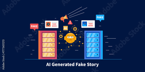 Malicious AI agent connected to servers create fake images and videos, delivers misinformation and fake news across digital platform, triggers alert sign.