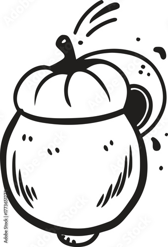 Hand drawn black and white vector sketch illustration of a cute pumpkin shaped pot or mug with steam, perfect for halloween, fall, autumn, or thanksgiving themed designs and print projects.