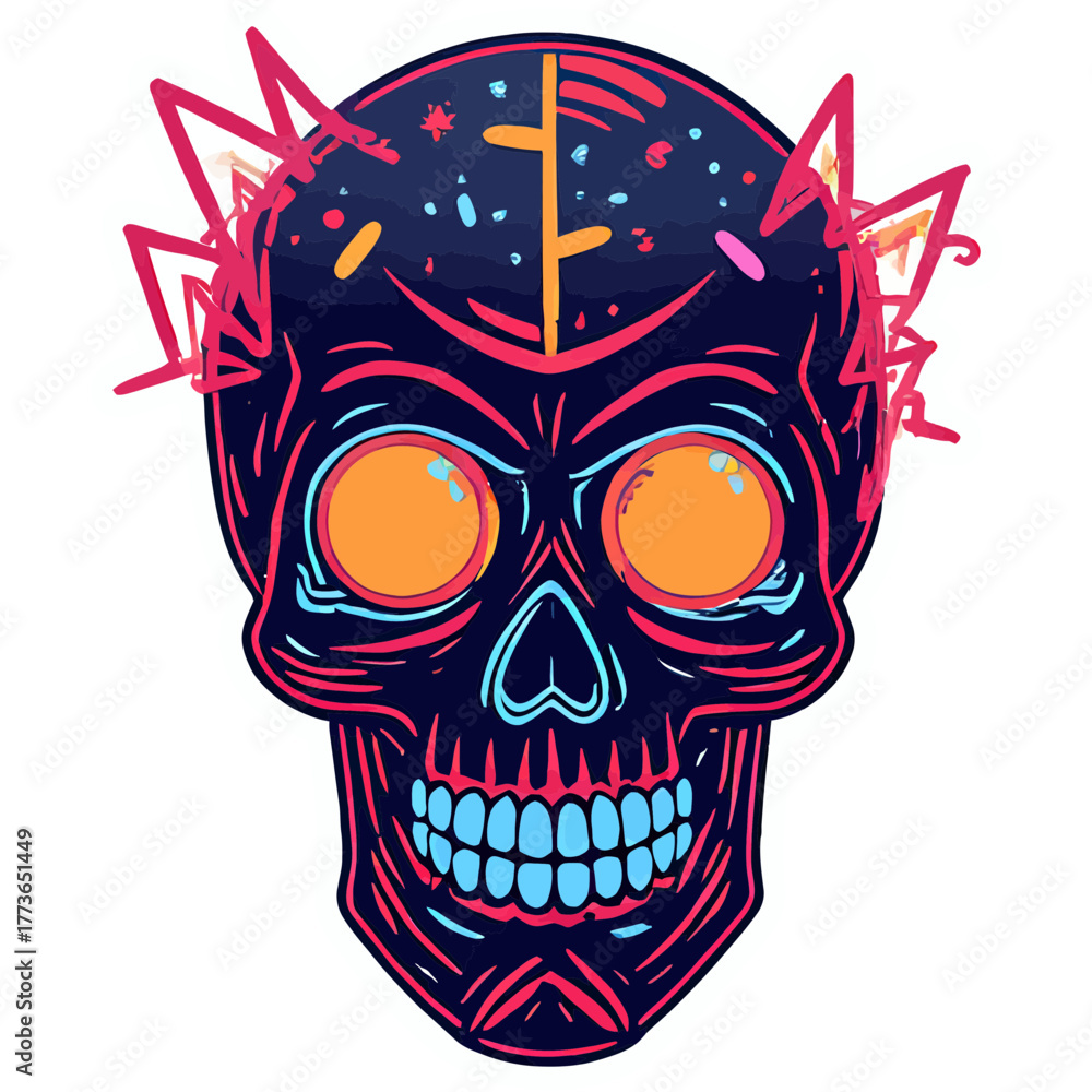 Naklejka premium Cybernetic Skull with Neon Graffiti Patterns and Sparks | Futuristic Glowing Skull with Electric Effects | Cyberpunk Skull Design with Vivid Neon Art | Techno Skull Illustration with Electric Energy