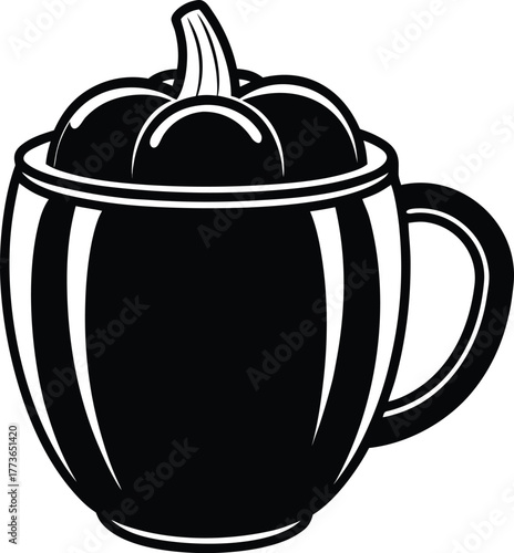 Black and white vintage vector illustration of a stylized fall holiday season hot beverage mug or coffee cup with a decorative pumpkin lid for seasonal drinks
