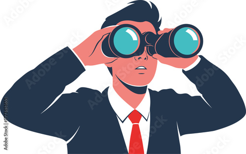 A businessman in a suit looks through binoculars with a surprised expression, he is searching for new opportunities and success