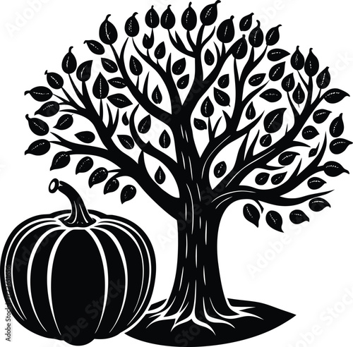 Black and white vector illustration of a mature deciduous tree with abundant foliage standing next to a large ribbed pumpkin, representing autumn harvest time and nature's bounty graphic emblem.