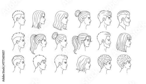 set of man woman profile line art head, hairstyle, men, women outline collection, variety line art. hairstyles, male and female head silhouettes, showcasing various hairstyles, side view