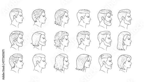 set of man woman profile line art head, hairstyle, men, women outline collection, variety line art. hairstyles, male and female head silhouettes, showcasing various hairstyles, side view