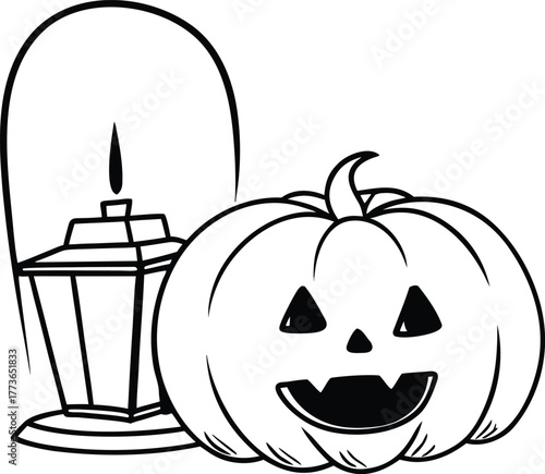 Smiling halloween jack-o'-lantern and vintage candle lantern outline drawing isolated on a clean white background, spooky autumn holiday themed line art illustration.