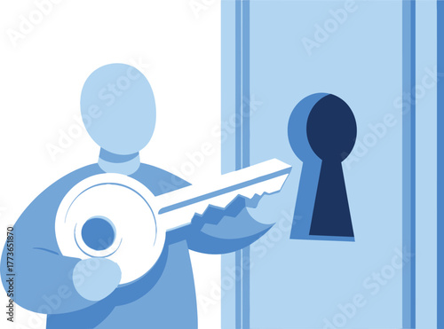 Illustration of a person inserting a key into a keyhole, symbolizing security, access, and unlocking potential