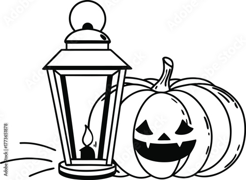 Outline vector illustration depicting a traditional spooky halloween jack-o'-lantern with sharp teeth next to an old vintage lantern containing a small flickering candle light.