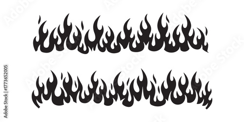 Classic silhouette flame. Black fire set isolated on white background. Old school tattoo neo-tribal style or silhouette flame for cars. Minimalistic stylish fire outline and filled contour. Vector set
