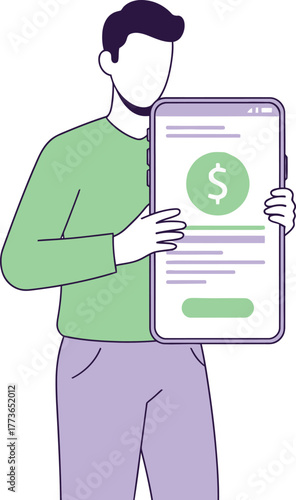 A man holding a smartphone with a dollar sign, the image represents online banking, mobile payments, and digital finance