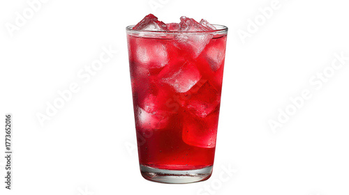 Glass holds refreshing red drink with ice iced red liquid fills clear container ready to enjoy