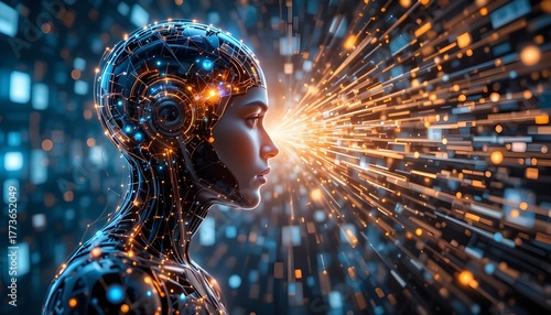 Artificial Intelligence Concept — Digital Human Head with Neural Network and Data Connections