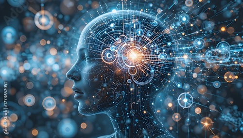 Artificial Intelligence Concept — Digital Human Head with Neural Network and Data Connections