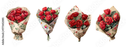 Watercolor set of rose bouquets. Red roses packed in printed paper. Floristic bouquets of flowers for gifts. Floral elements for Valentine's Day, March 8, Mother's Day, etc.