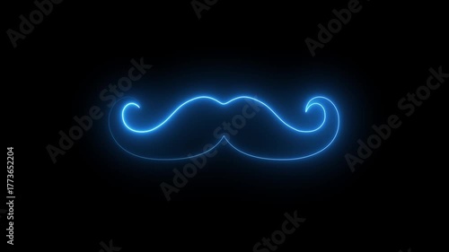 Neon royal mustache icon animation on black background, glowing facial hair symbol, elegant style and fashion concept, luxury barber logo, vintage grooming and masculine design element