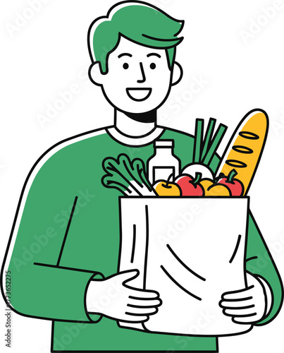 A man is holding a grocery bag full of food, he is smiling and happy with his purchase from the supermarket