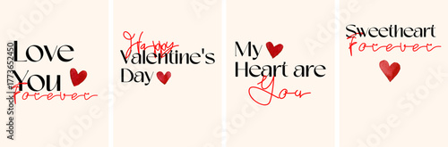 Minimalistic set of Valentine's Day cards. Love lettering and messages with red hearts. Love word lettering. minimalistic typographic designs. Happy Valentine's Day.