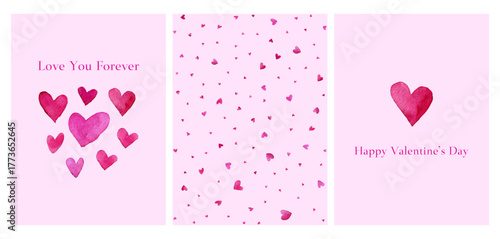 Set of cute Valentine's Day cards in watercolor. Romantic pink cards with watercolor hearts and inscriptions. Pink hand drawn hearts with love messages. Happy Valentine's Day.