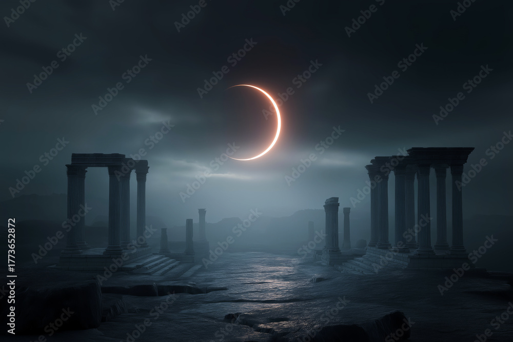 Naklejka premium Eclipse over ancient ruins, mysterious atmosphere