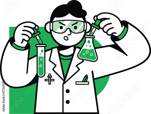 A scientist in a lab coat is conducting an experiment with test tubes and beakers, he is wearing safety goggles and gloves